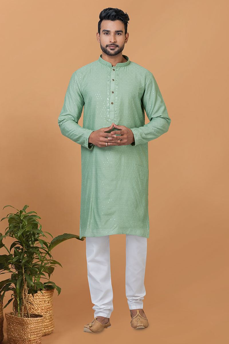 Delightful Pista Mens Designer Kurta and Churidar Set for Sangeet or Engagement