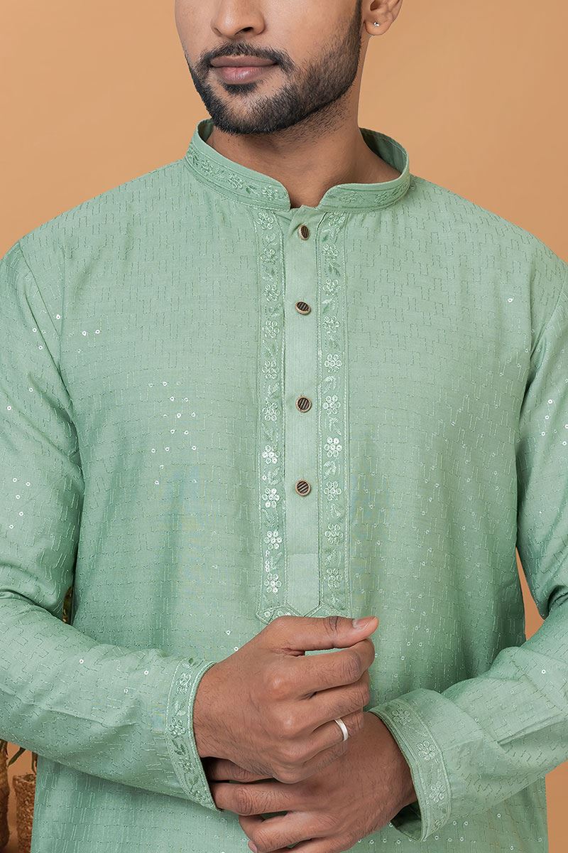 Delightful Pista Mens Designer Kurta and Churidar Set for Sangeet or Engagement
