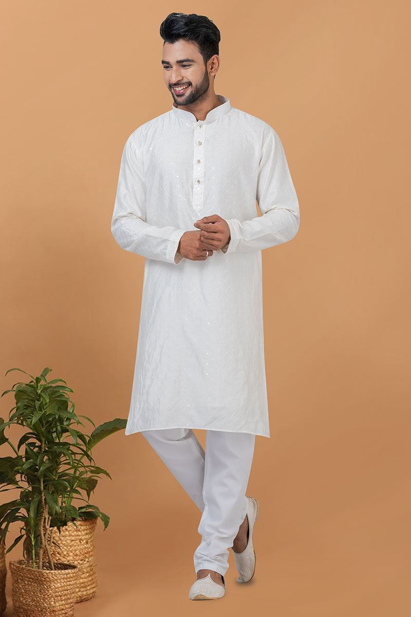 Splendid White Mens Designer Kurta and Churidar Set for Festive or Engagement