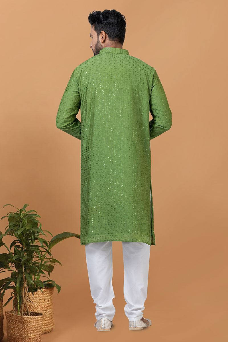 Spectacular Olive Green Mens Designer Kurta and Churidar Set for Festive or Mehendi