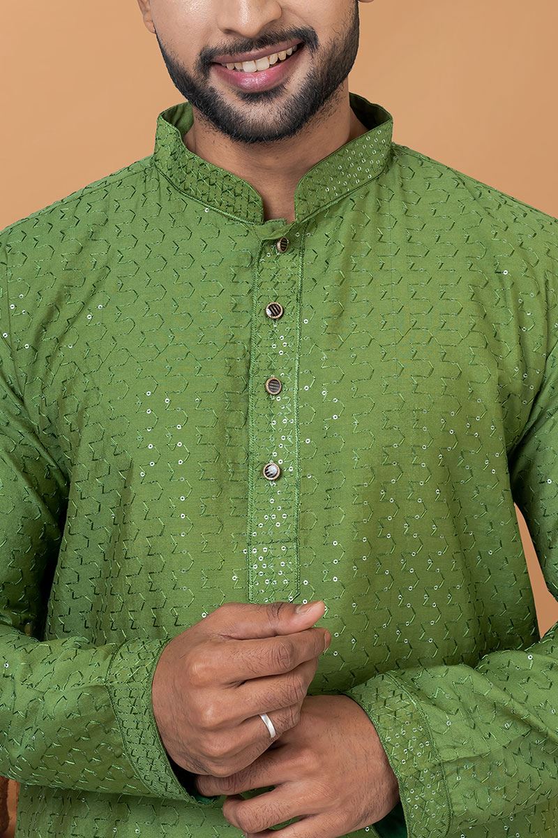 Spectacular Olive Green Mens Designer Kurta and Churidar Set for Festive or Mehendi
