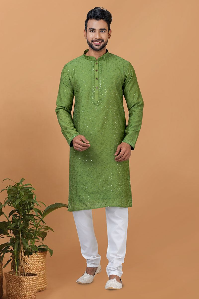 Appealing Olive Green Mens Designer Kurta and Churidar Set for Festive or Mehendi