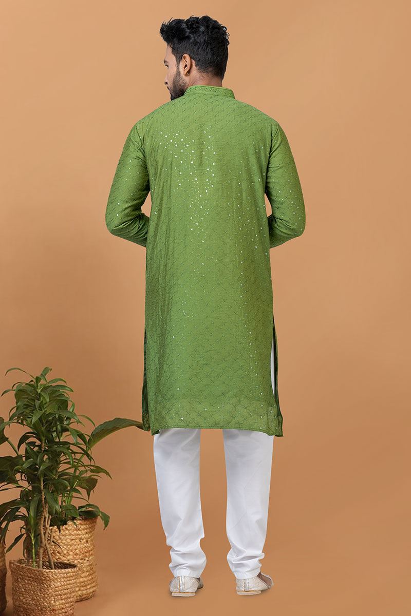 Appealing Olive Green Mens Designer Kurta and Churidar Set for Festive or Mehendi