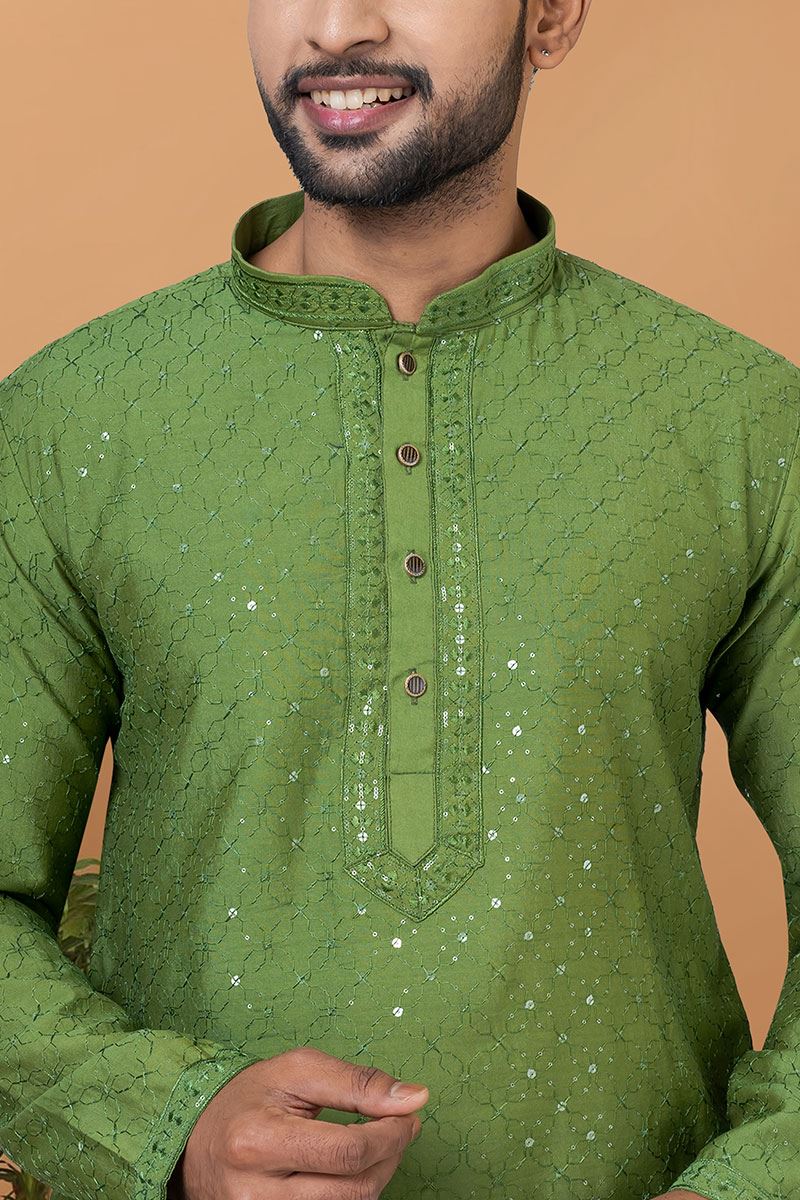 Appealing Olive Green Mens Designer Kurta and Churidar Set for Festive or Mehendi