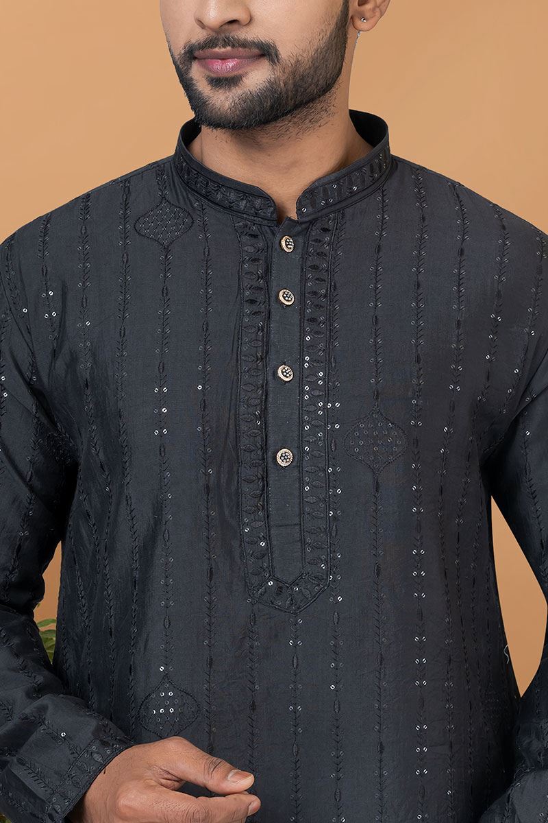 Magnificent Black Mens Designer Kurta Set for Sangeet or Engagement