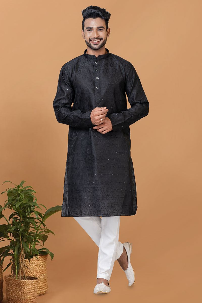 Classy Black Silk Mens Designer Kurta Set for Sangeet or Party