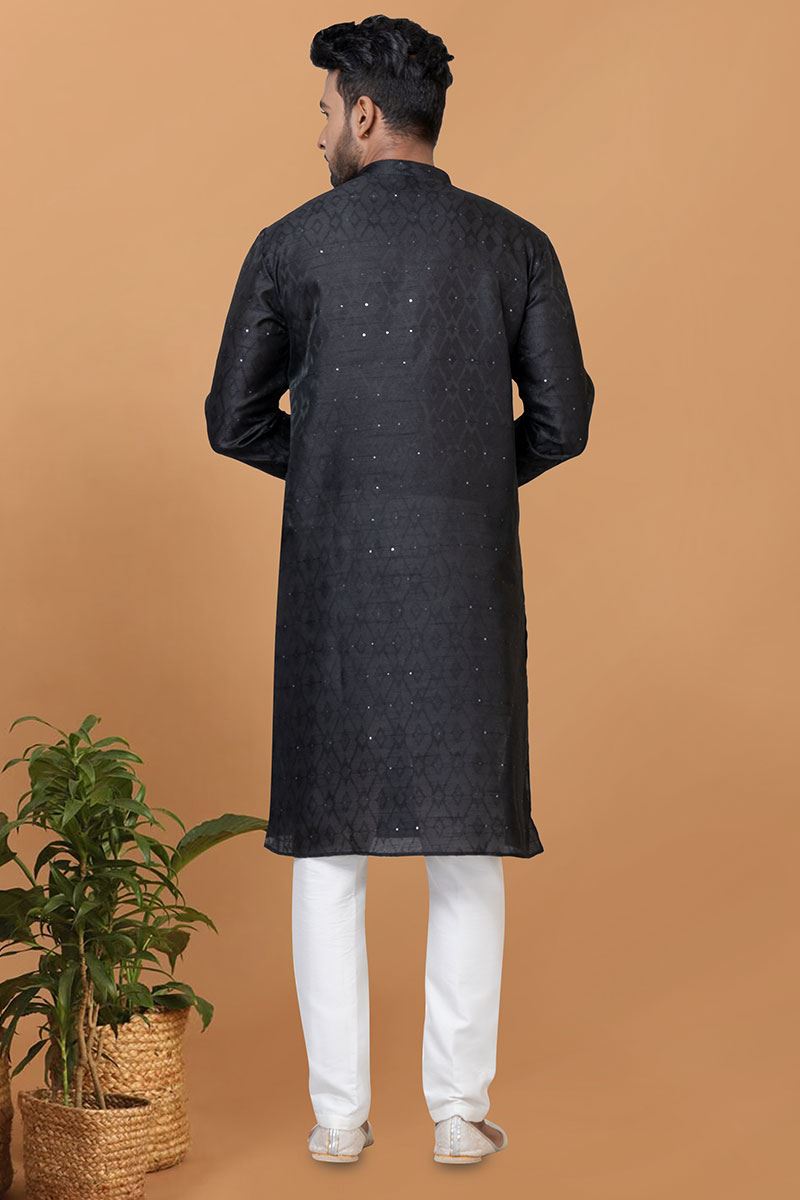 Classy Black Silk Mens Designer Kurta Set for Sangeet or Party