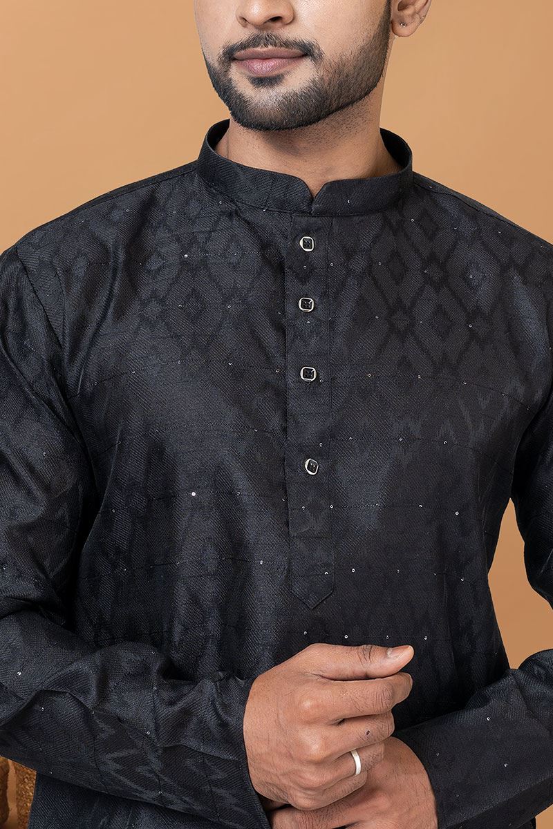 Classy Black Silk Mens Designer Kurta Set for Sangeet or Party
