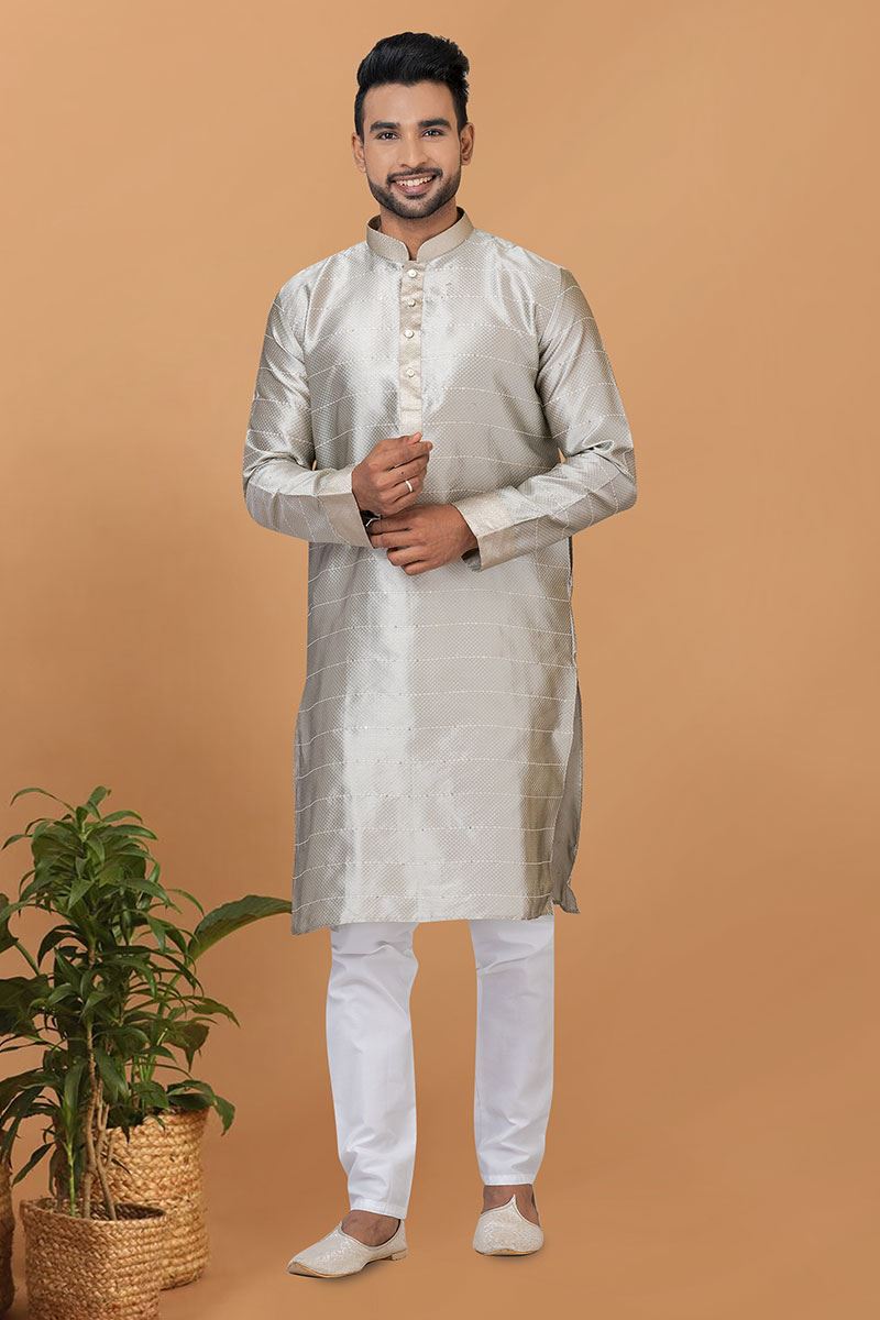 Exuberant Grey Mens Silk Designer Kurta and Churidar Set for Festive or Engagement