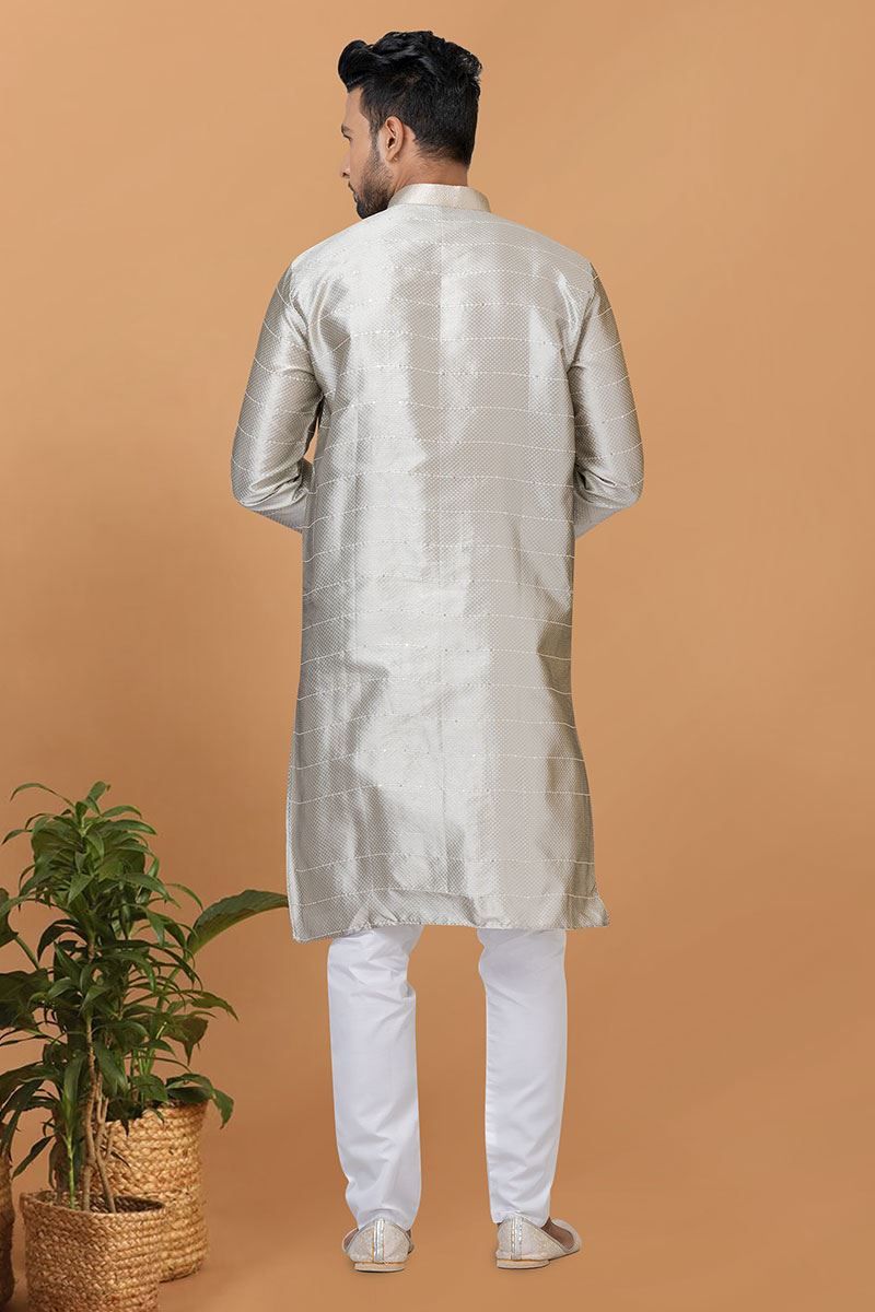 Exuberant Grey Mens Silk Designer Kurta and Churidar Set for Festive or Engagement