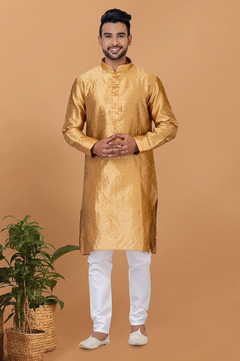 Charming Golden Mens Silk Designer Kurta Set for Wedding or Engagement