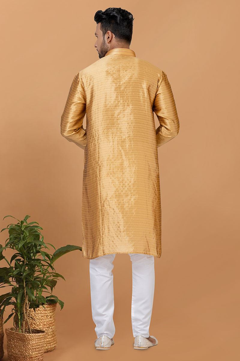 Charming Golden Mens Silk Designer Kurta Set for Wedding or Engagement