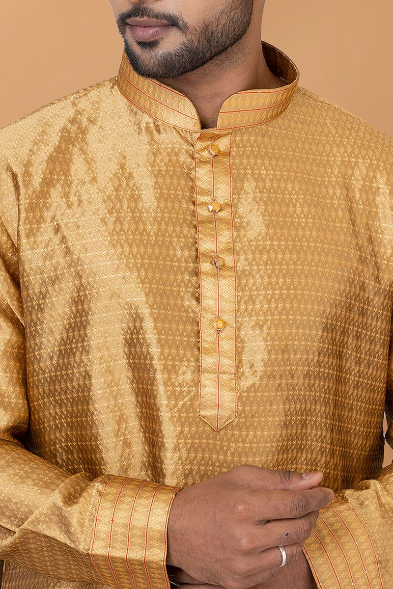 Charming Golden Mens Silk Designer Kurta Set for Wedding or Engagement