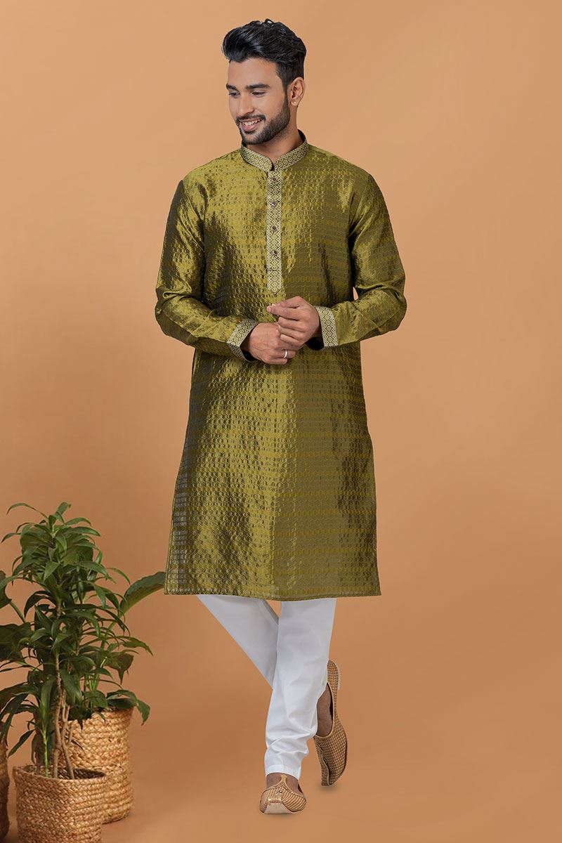 Aesthetic Mehendi Green Mens Designer Kurta and Churidar Set for Festive or Mehendi
