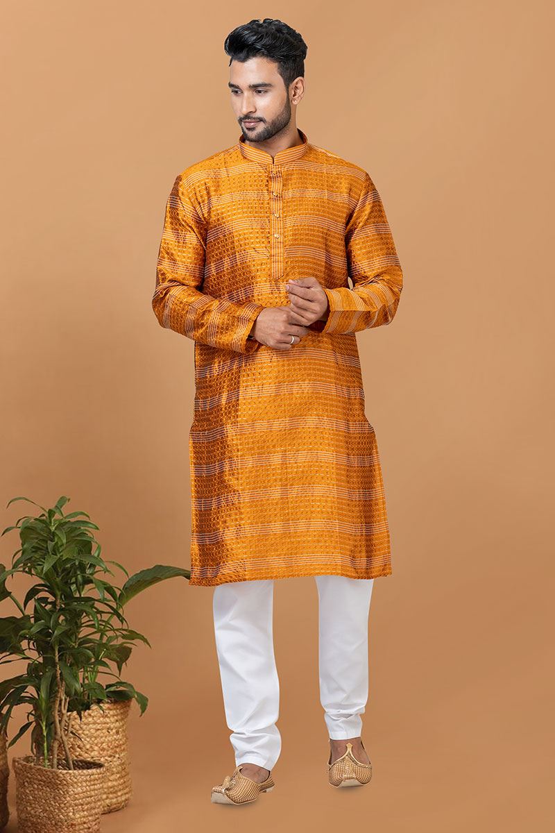 Delightful Mustard Mens Designer Kurta and Churidar Set for Festive or Haldi