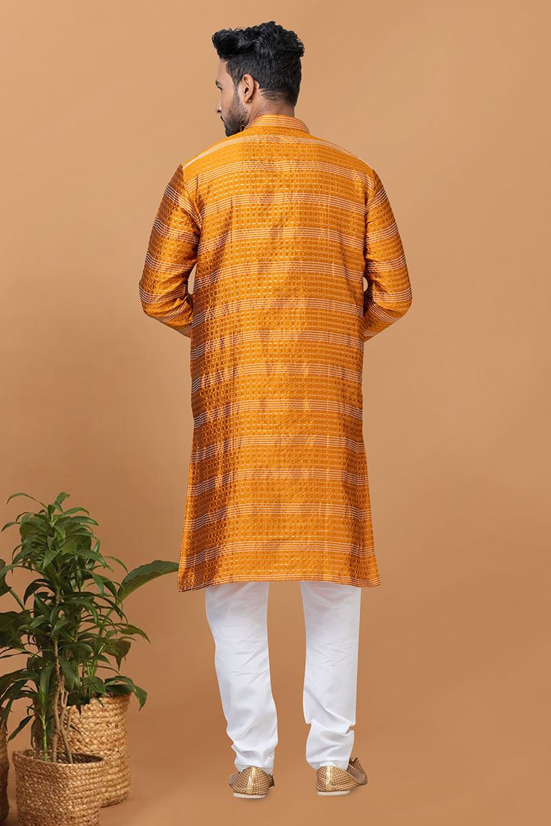 Delightful Mustard Mens Designer Kurta and Churidar Set for Festive or Haldi