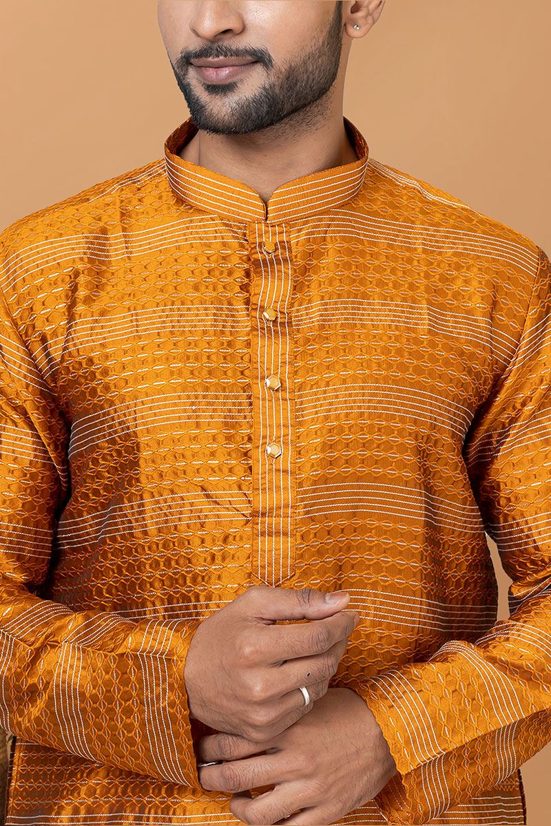 Delightful Mustard Mens Designer Kurta and Churidar Set for Festive or Haldi
