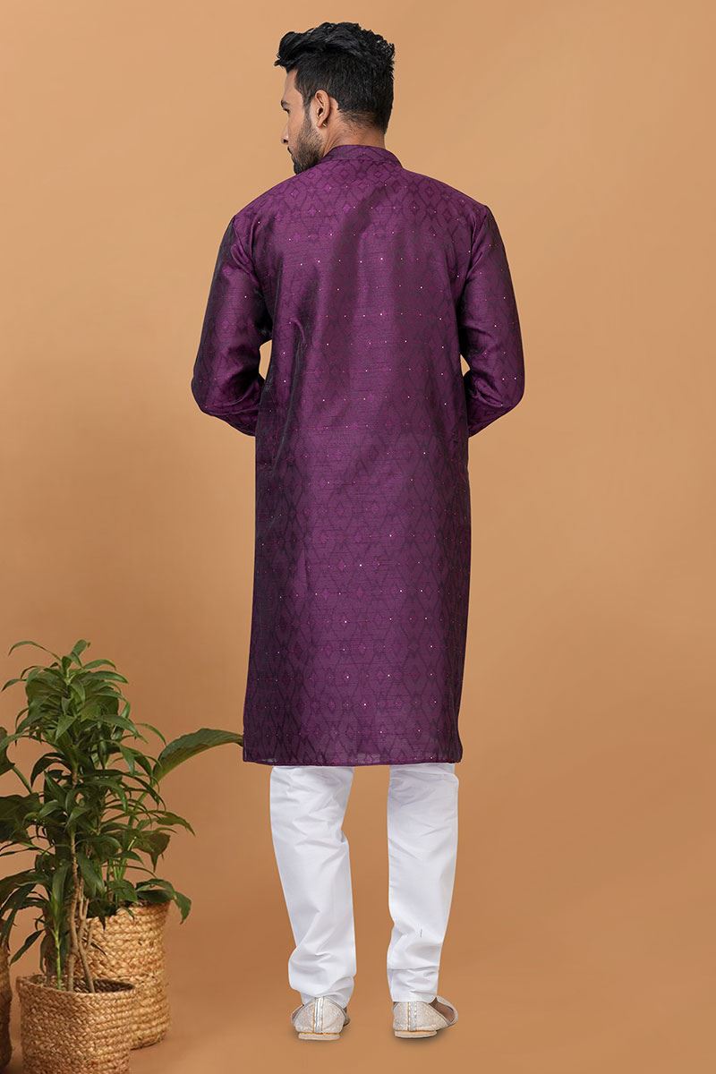 Impressive Purple Silk Mens Designer Kurta and Churidar Set for Festive or Engagement