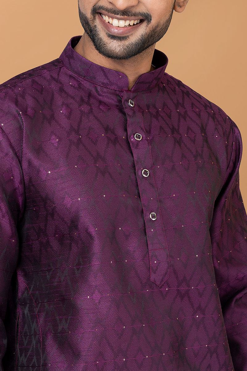 Impressive Purple Silk Mens Designer Kurta and Churidar Set for Festive or Engagement