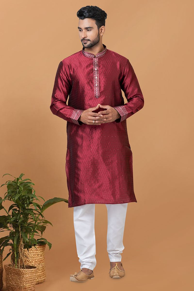 Awesome Maroon Mens Silk Designer Kurta and Churidar Set for Festive or Sangeet