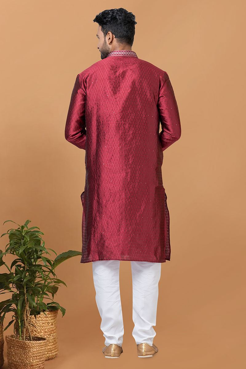 Awesome Maroon Mens Silk Designer Kurta and Churidar Set for Festive or Sangeet