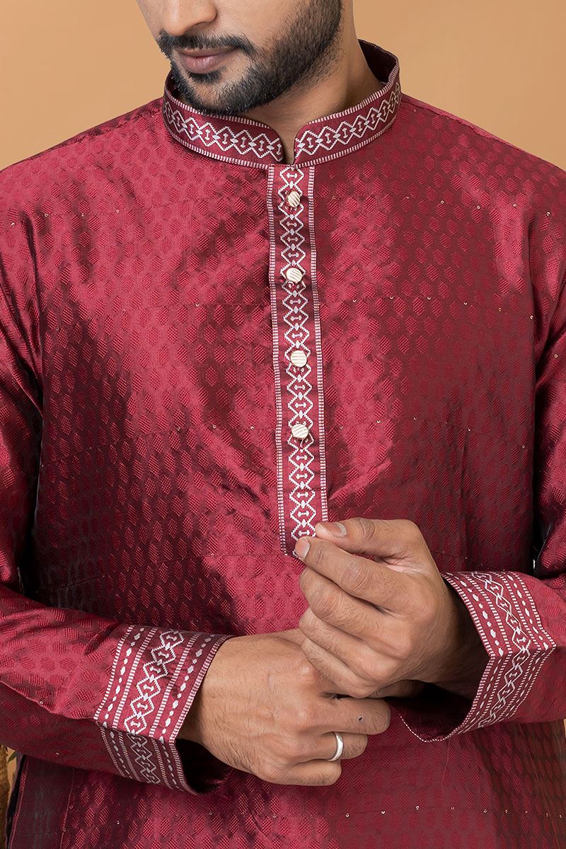 Awesome Maroon Mens Silk Designer Kurta and Churidar Set for Festive or Sangeet