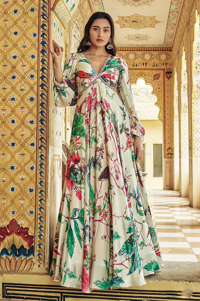 Astounding Cream Printed Designer Indo-Western Long Gown for Sangeet and Engagement