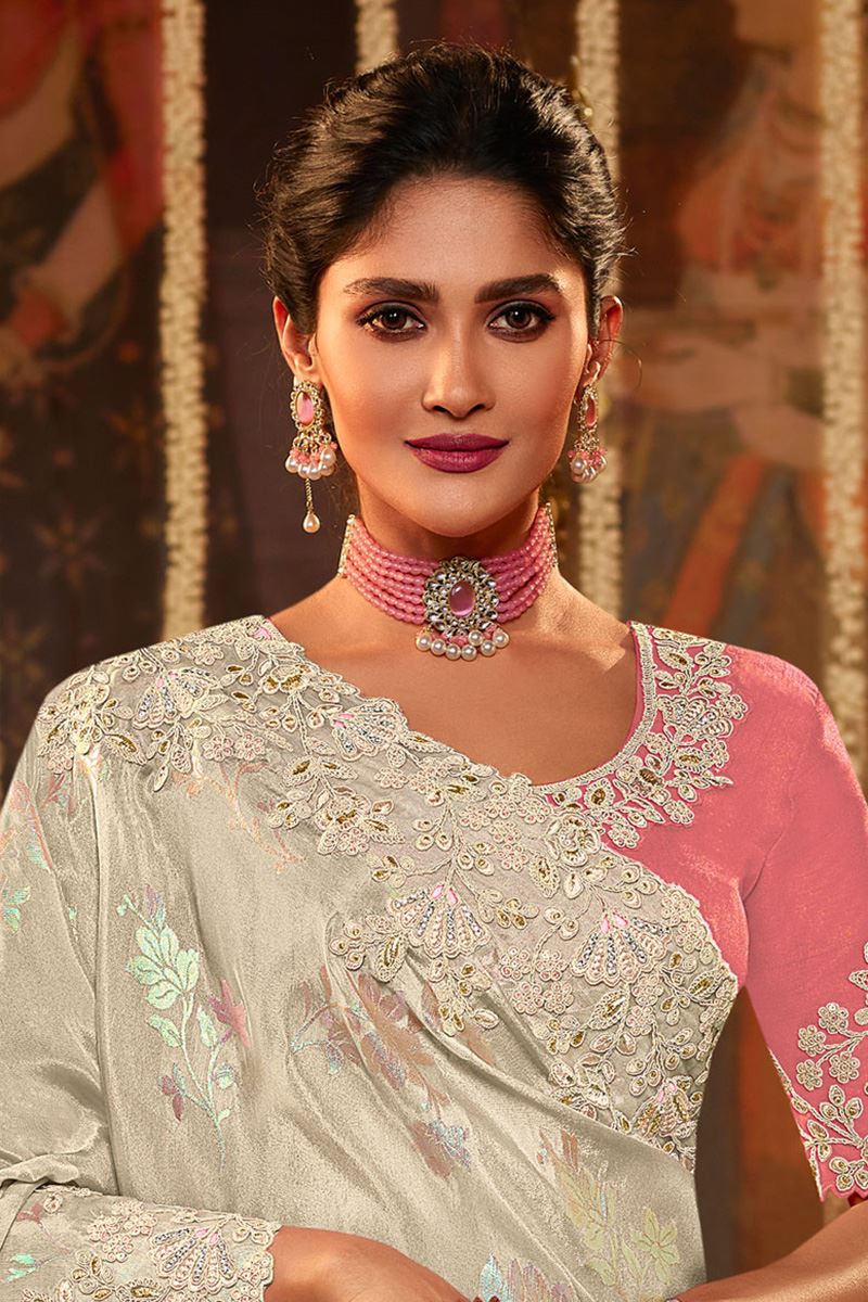 Irresistible Cream Colored Designer Saree