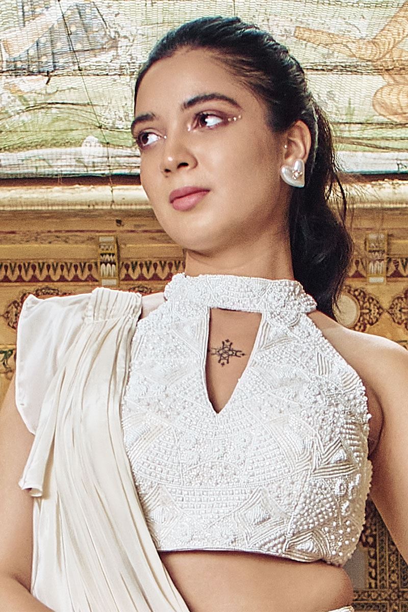 Graceful Cream Designer Ready to Wear Saree with Ruffles for Engagement, Reception and Party