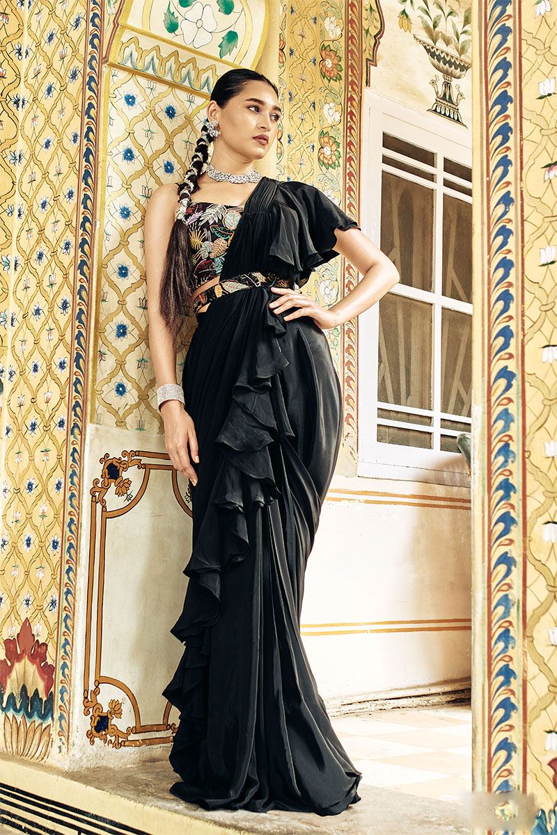 Stunning Black Designer Ready to Wear Saree with Ruffles for Sangeet and Reception
