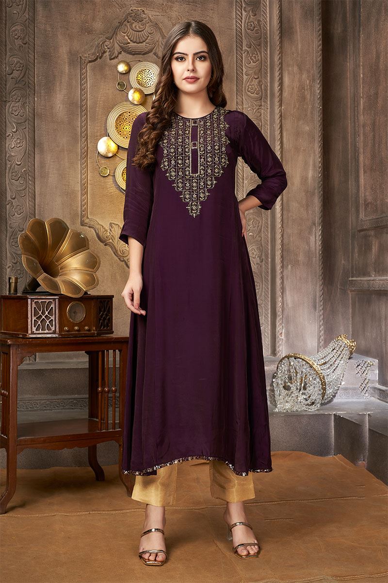 Captivating Wine Long Designer Kurti for Party