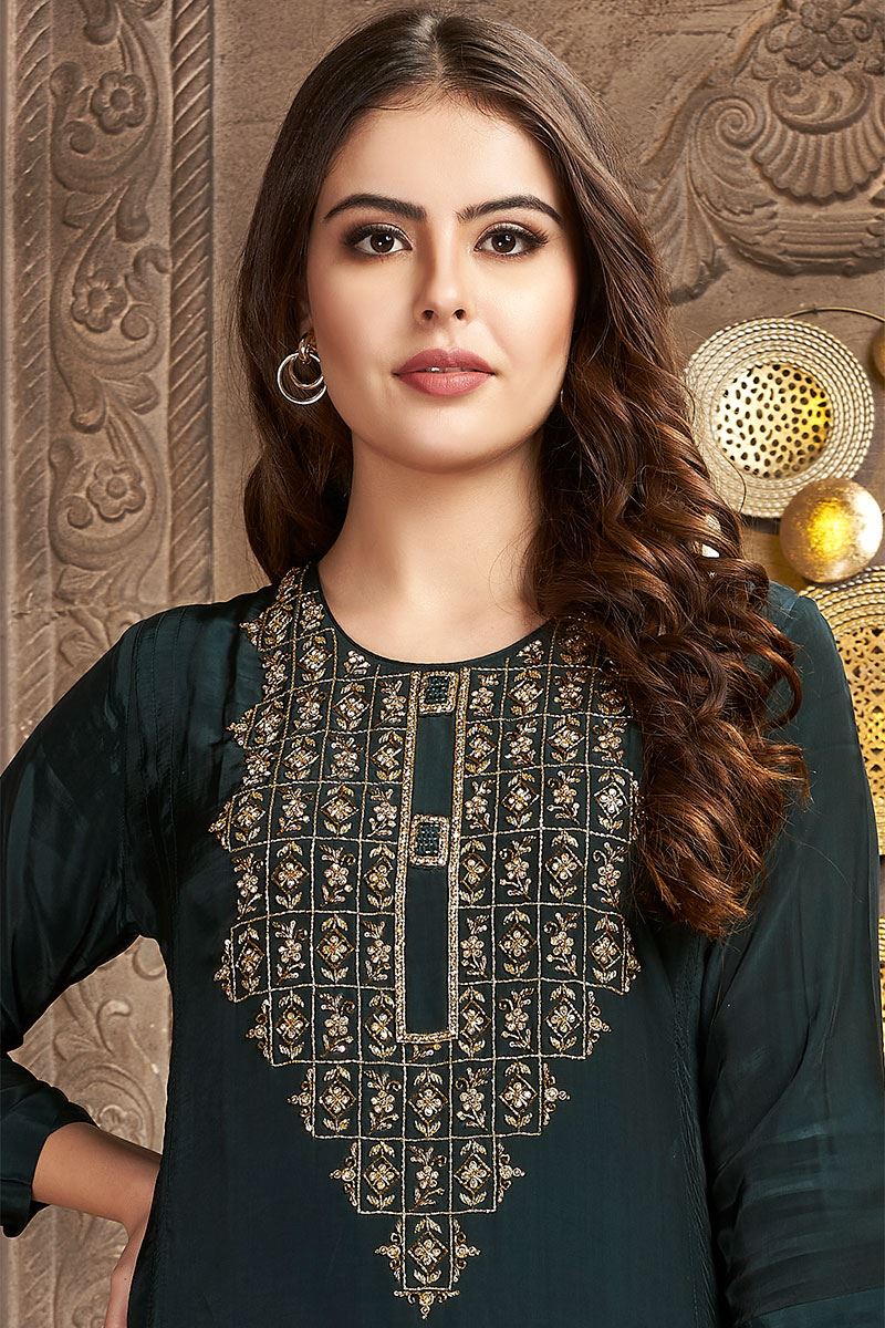 Flawless Green Georgette Designer Kurti for Mehendi and Festive occasions