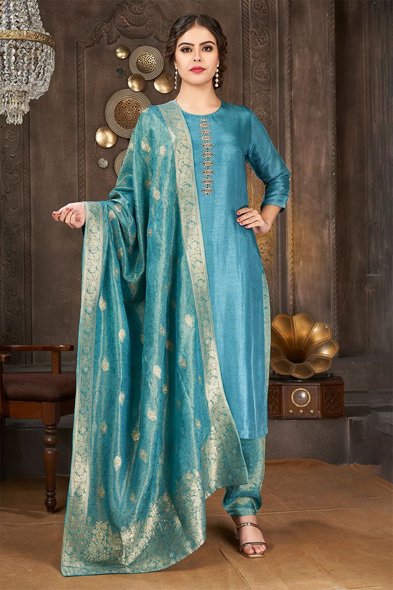 Classy Blue Designer Straight-cut Salwar Suit for Party and Festive