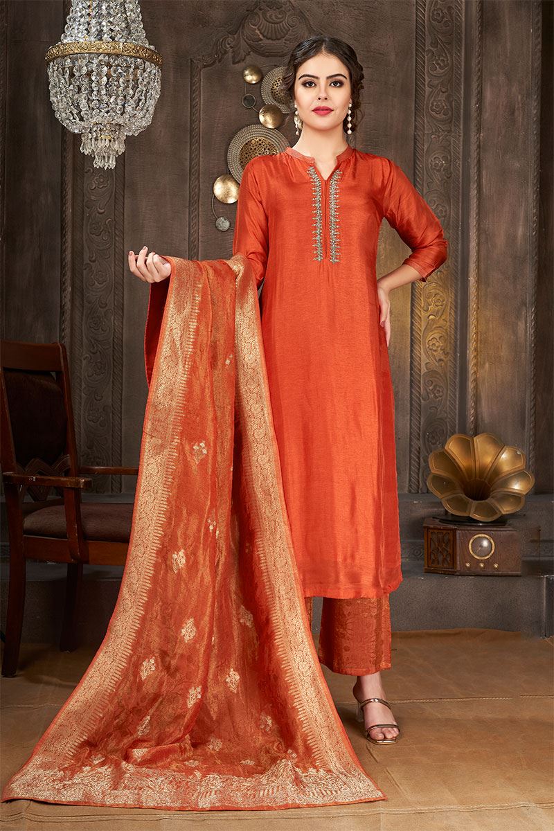 Awesome Orange Designer Straight-cut Salwar Suit for Haldi and Festive occasions