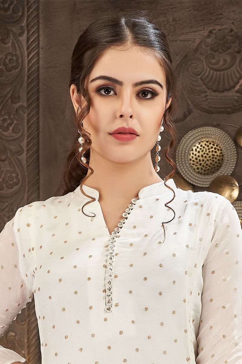 Mesmerizing White Georgette Designer Gharara Style Suit with Short Top for Party