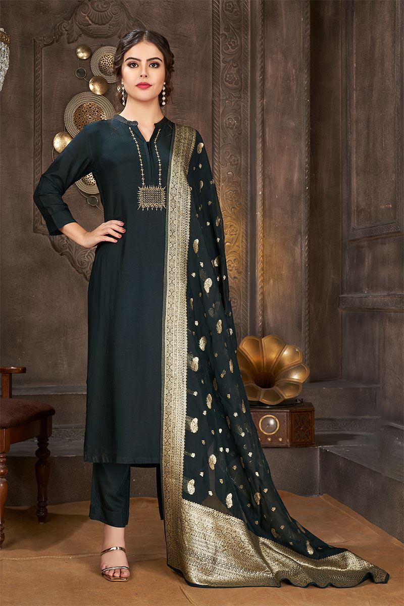 Marvelous Dark Green Art Silk Designer Salwar Suit for Mehendi and Festive occasions