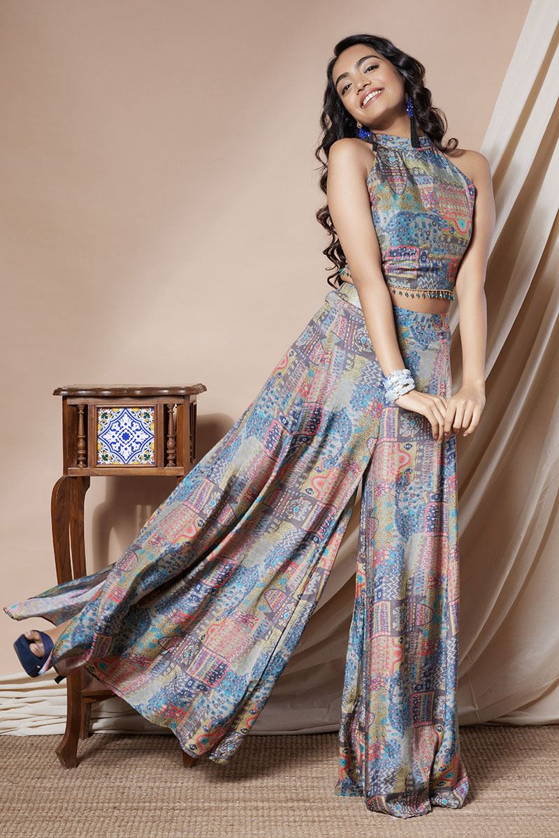 Dazzling Silk Designer Coord Set with Crop top and Palazzo Pants for Haldi and Partywear