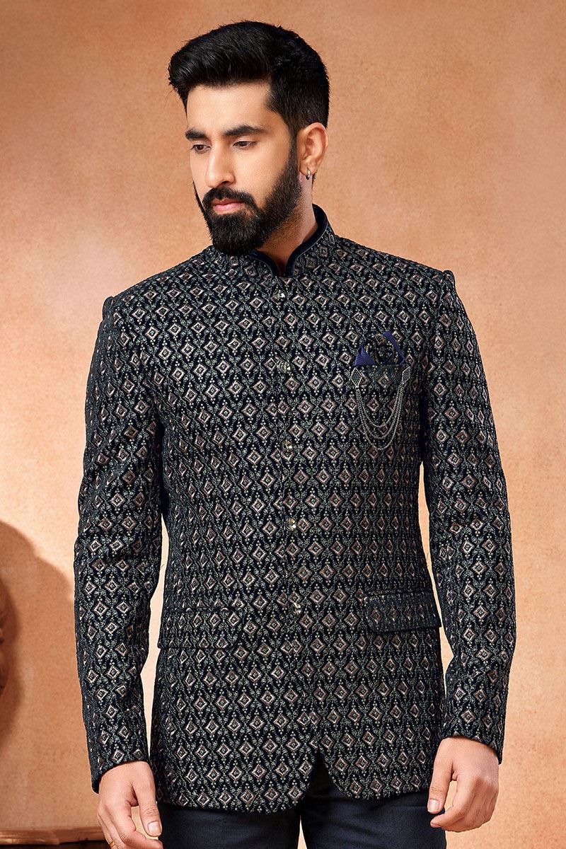 Charismatic Navy Blue Designer Men’s Wear Jodhpuri Jacket for Engagement and Reception