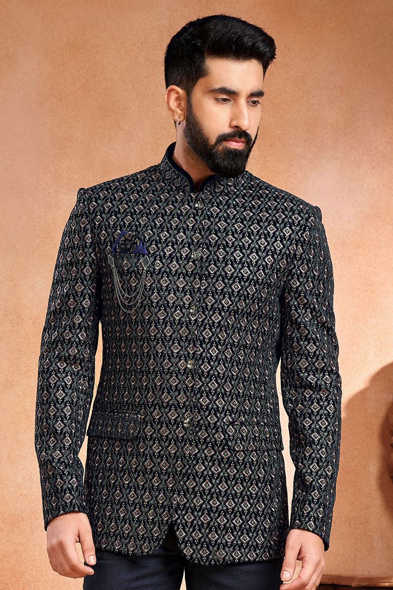 Charismatic Navy Blue Designer Men’s Wear Jodhpuri Jacket for Engagement and Reception