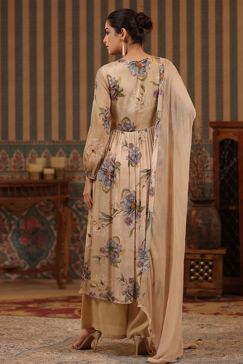 Magnificent Beige Floral Printed Designer Palazzo Suit for Party and Festivals