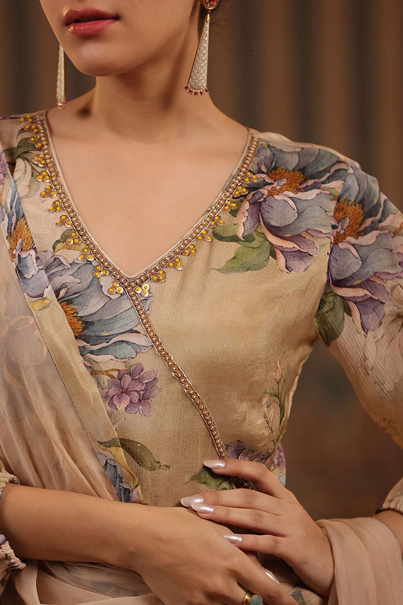 Magnificent Beige Floral Printed Designer Palazzo Suit for Party and Festivals