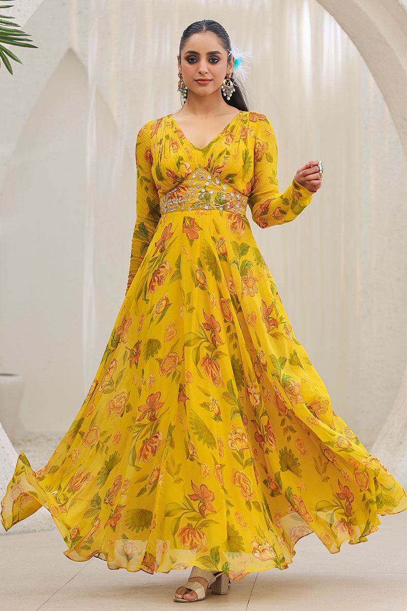 Heavenly Yellow Organza Floral Printed Designer Long Gown for Haldi and Mehendi