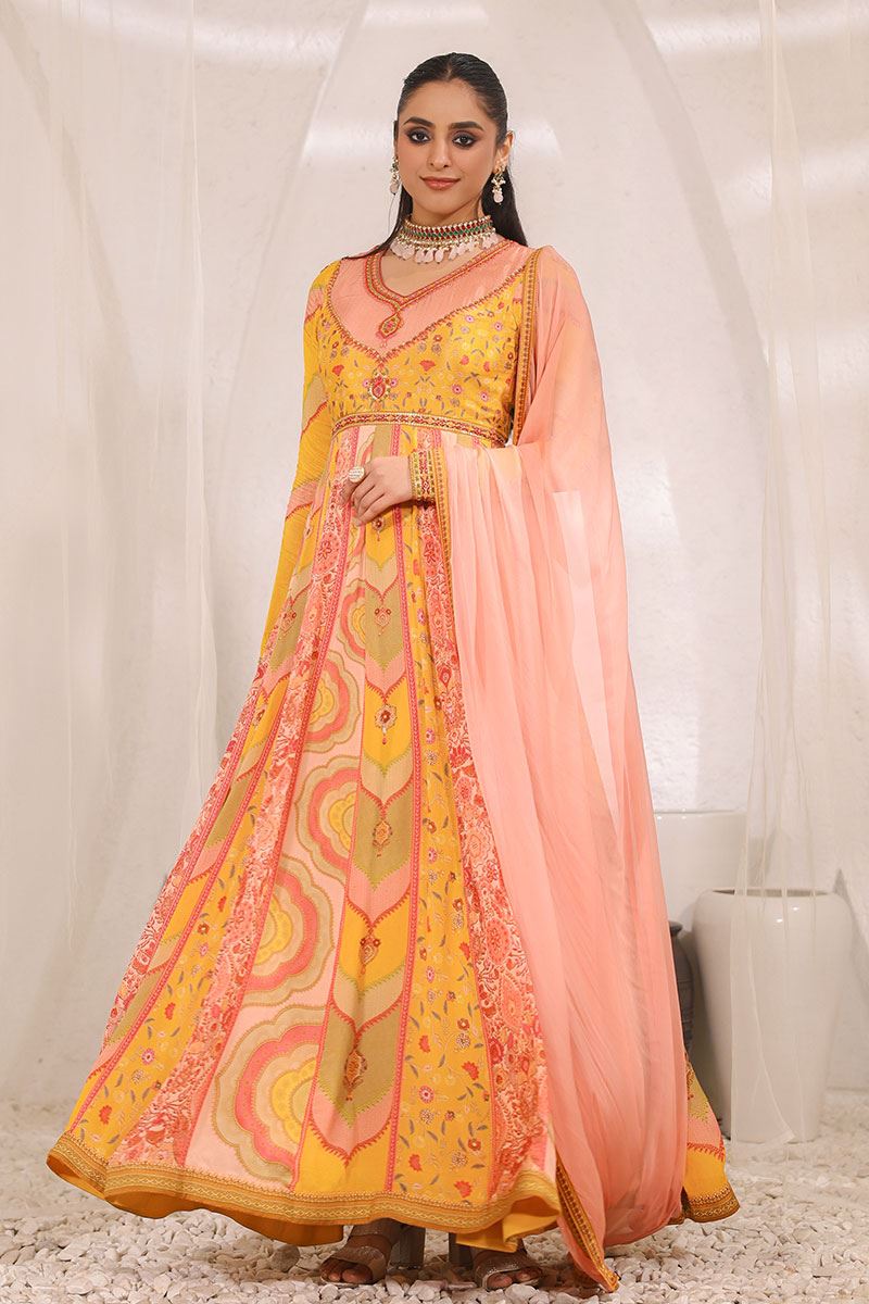 Impressive Designer Long Printed Gown for Haldi and Mehendi