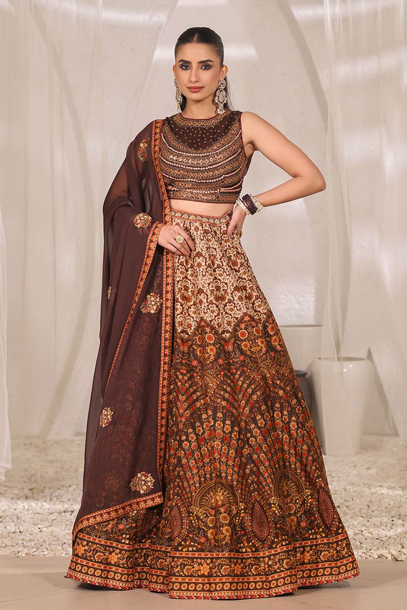 Lovely Coffee Brown Printed Designer Indo-Western Lehenga Choli for Engagement and Reception