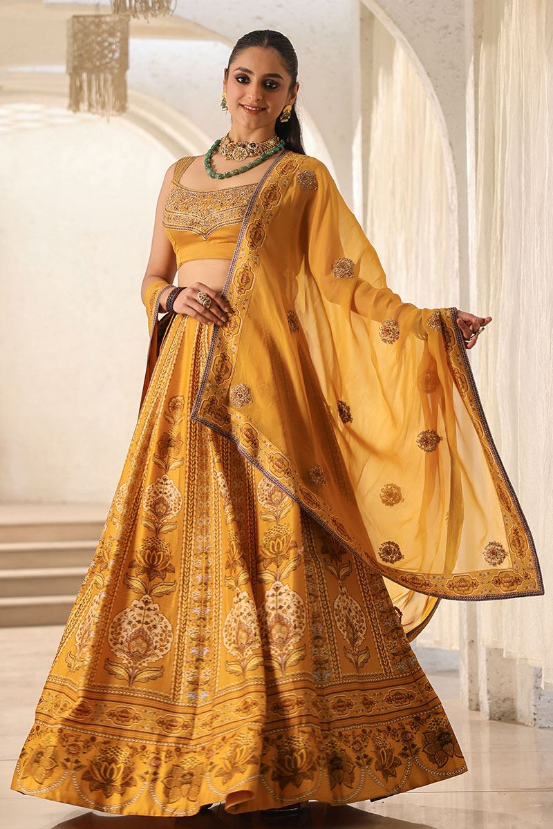 Exquisite Mustard Yellow Printed Designer Indo-Western Lehenga Choli for Haldi and Mehendi