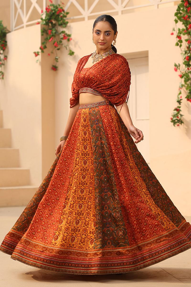 Magnificent Printed Designer Indo-Western Lehenga Choli for Haldi and Mehendi