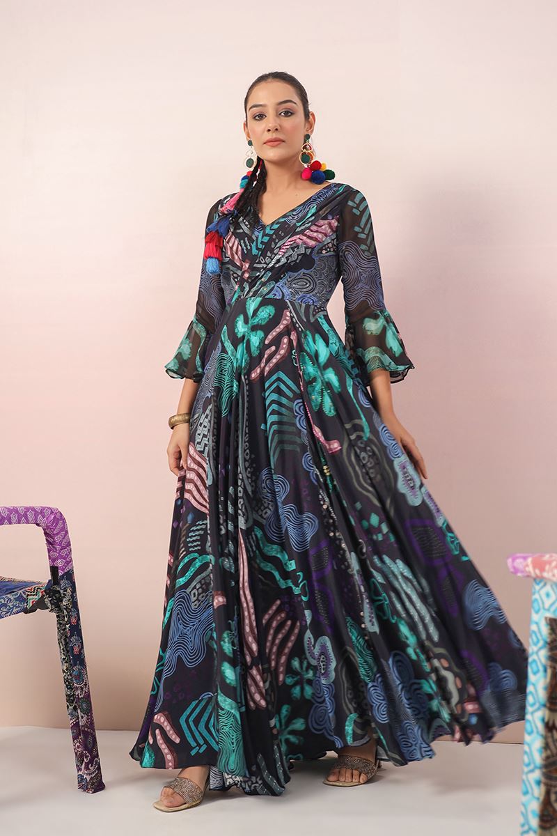 Awesome Blue Designer Indo-Western Gown for Reception and Party