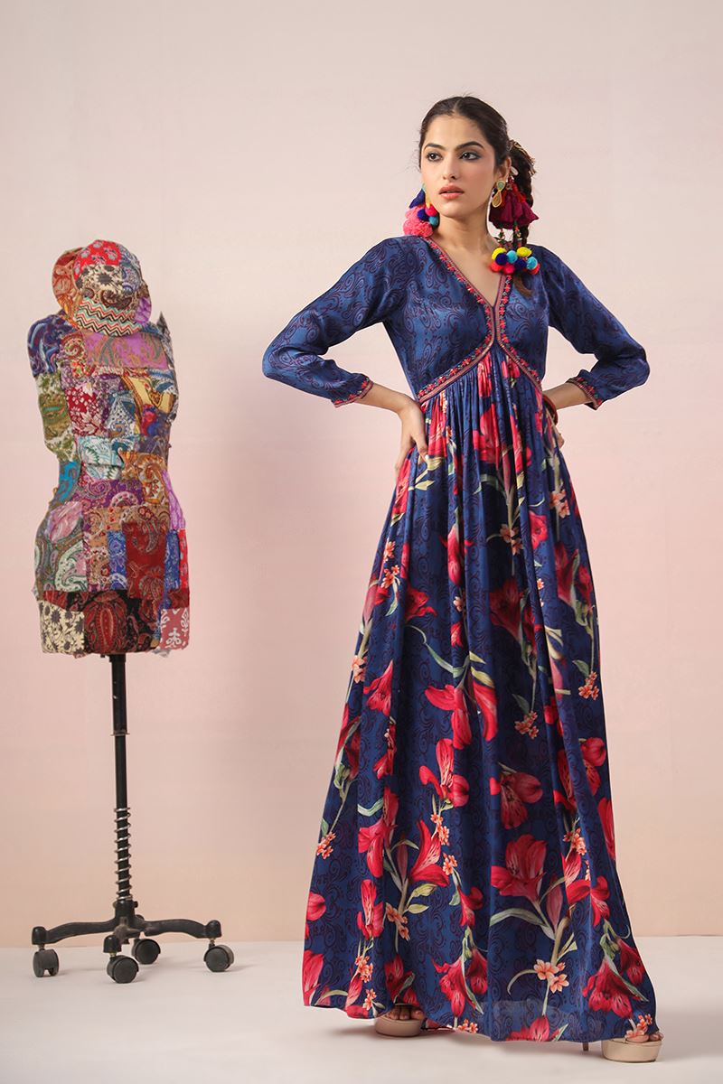 Amazing Navy Blue Floral Printed Designer Indo-Western Gown for Party and Sangeet