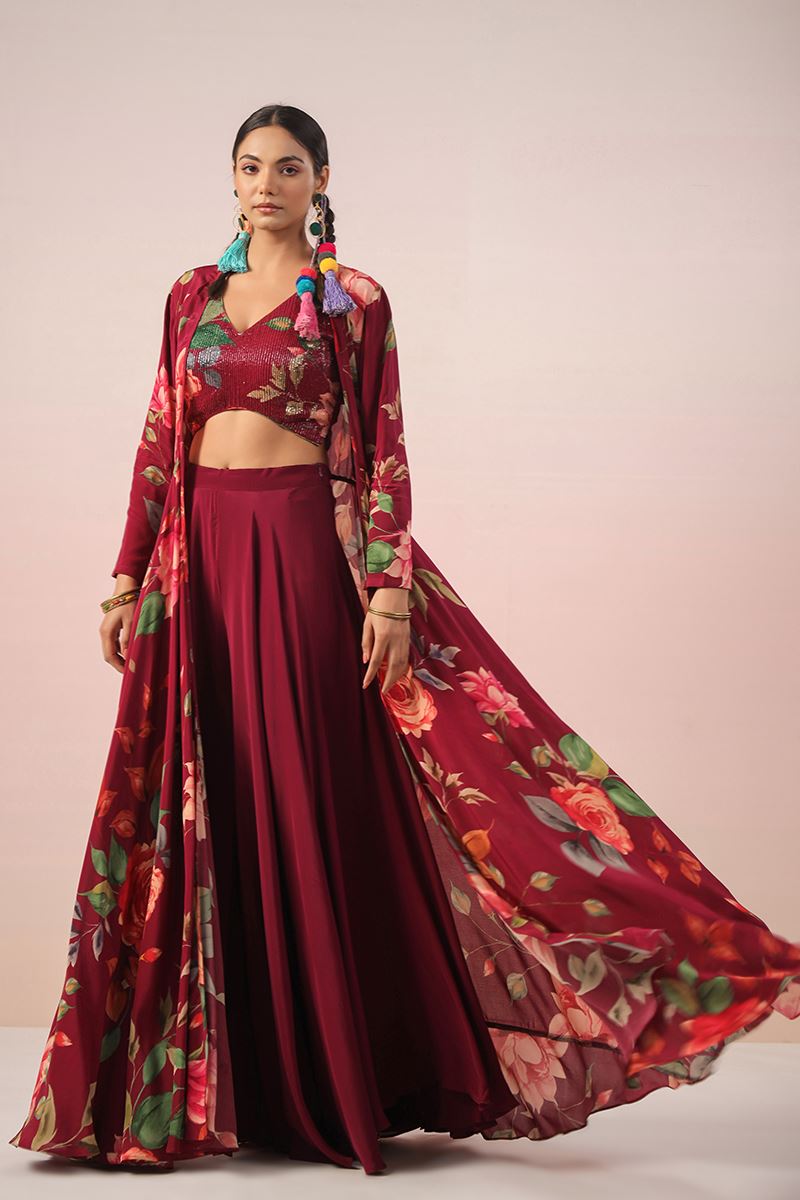 Classy Maroon Floral Printed Designer Indo-Western Suit for Reception and Party
