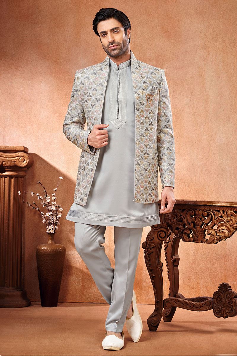 Elegant Grey Designer Menswear 3 Piece Open Jodhpuri Set for Wedding and Engagement
